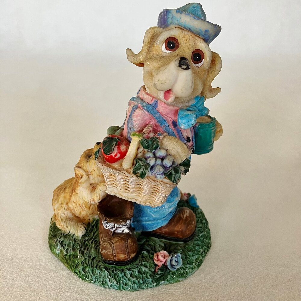 Hound Dog Statue Figurine Basket Hat Puppy Painted Resin Animal Pet Blue Green